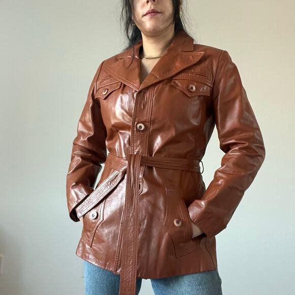 Vintage Genuine Leather Cognac button front Blazer Jacket double breasted - Picture 4 of 16